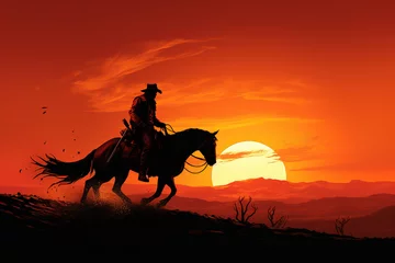 Fototapeten Cowboy riding a horse into sunset, only silhouette visible against orange sky. Wide banner with space for text. © arhendrix