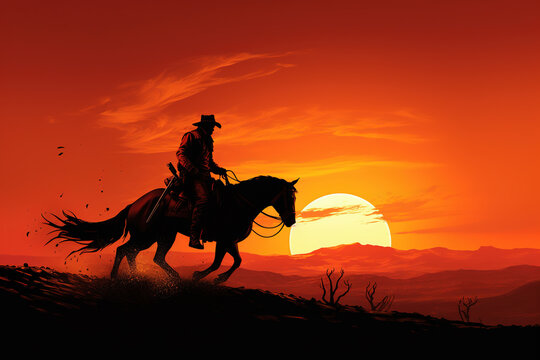 Cowboy riding a horse into sunset, only silhouette visible against orange sky. Wide banner with space for text.