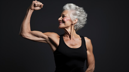 Older woman in great physical shape shows her biceps on gray background. - obrazy, fototapety, plakaty