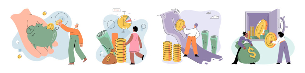 International investment company, money bills and coins fly around world. Global economy financial system vector set. Loan of money made by investor for purpose of earning interest. World cash flows