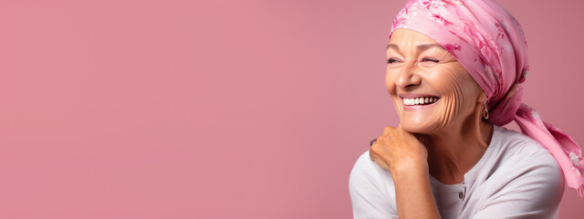 Middle-aged woman cancer patient wearing headscarf and smiling on pink background. Created with Generative AI technology.
