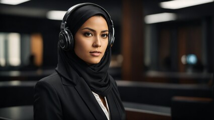 A stylish woman wearing headphones and a hijab