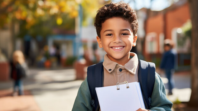 Little schoolboy stands outside the school with a backpack on his back. Back to school. Created with Generative AI technology.