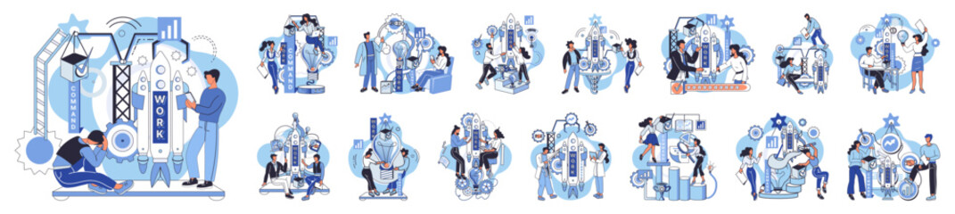 Team solving problems. Planning, startup, coaching and problem solving, success Characters develop success innovation solution with aspiration and efforts, work on smart startup Search for right