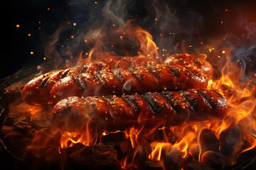 Barbecue juicy sausage on grill fire with smoke.