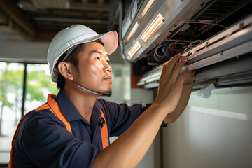 Asian technician working on air conditioning indoor unit. Man wearing helmet and protective goggles, HVAC worker professional occupation. - obrazy, fototapety, plakaty