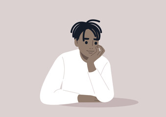 A young character propping up their face with hand, attentive listener