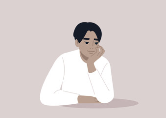 A young character propping up their face with hand, attentive listener