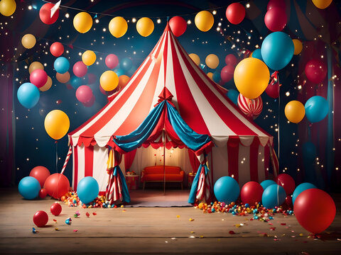 Circus tent with balloons and confetti, circus background, editorial illustration colorful, behance favourite, carnival background, colorful kids book illustration, Generative AI