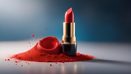  Close-up with red lipstick lockup, floating powder and gradient background, Empty copy space, Generative AI