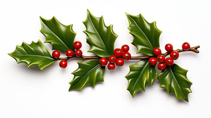 A branch of real holly, with red berries, isolated on a white background created with Generative AI technology