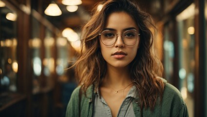 A woman wearing glasses in a hallway