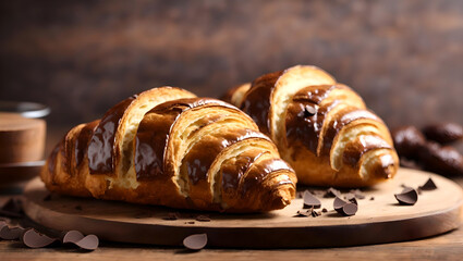  Closeup shot of chocolate croissants on a wooden surface, Generative AI