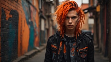 Fototapeta na wymiar A man with vibrant orange hair and edgy piercings standing confidently in a gritty urban alleyway