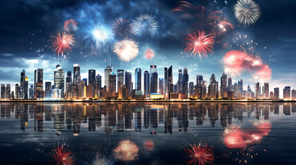  New year Fireworks bursting in the sky, energy of festive moment. Urban skyline with illuminating...