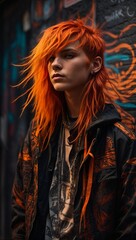 A woman with red hair posing in front of a vibrant colored wall