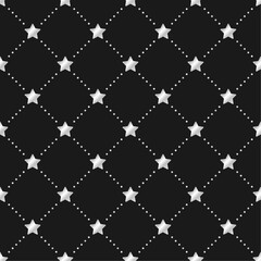 Silver stars and dots on black background. Vector seamless pattern. Best for textile, print, wrapping paper, package and home decoration.