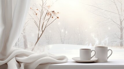 Hot coffee mug with plaid at glass window in warm and cozy home with beautiful landscape scene of snow falling outside. created with Generative AI technology