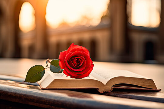 red rose on a book on a background library. book day concept