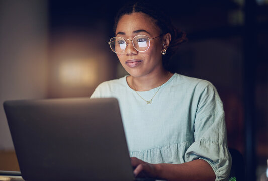 Laptop, Typing And Night Woman Reading Public Relations Story, Social Media Blog And Customer Experience Report. Dark Room, Analysis And Professional Person Check Online Article, Project Of Feedback