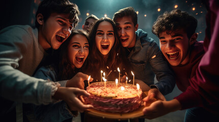 Group of friends celebrate a birthday with a cake with candles inside
