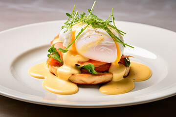 A delicious eggs benedict with smoked salmon, hollandaise sauce on wooden table