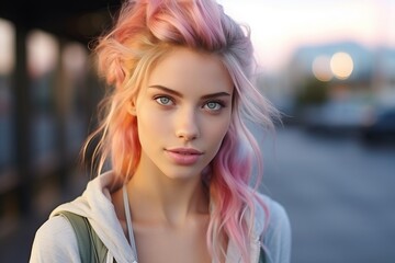 Photo of a woman with vibrant pink hair and mesmerizing blue eyes created with Generative AI technology