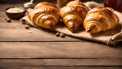 Croissants on old wood table. Empty Copy Space, Generative AI