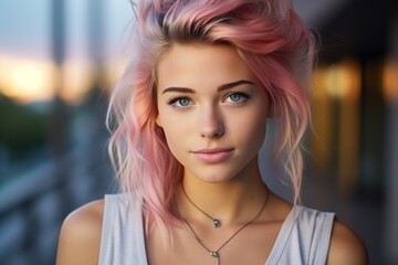 Photo of a woman with vibrant pink hair and mesmerising blue eyes created with Generative AI technology