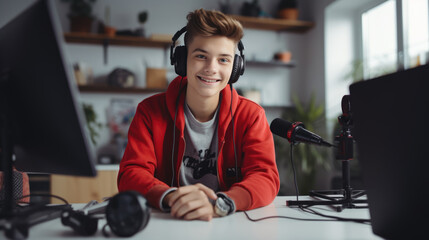 Male blogger recording a video.