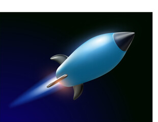 Vector illustration of flying blue spaceship on black color background with flame. 3d vector style design of business startup rocket