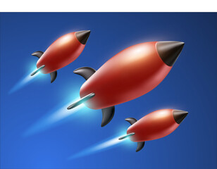 Fototapeta na wymiar Vector illustration of group of red flying spaceship on blue color background with flame. 3d vector style design of business startup rocket