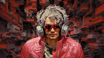 Obraz premium Generative AI, person in glasses, cyberpunk anime style. Light yellow and pink colors, virtual reality concept