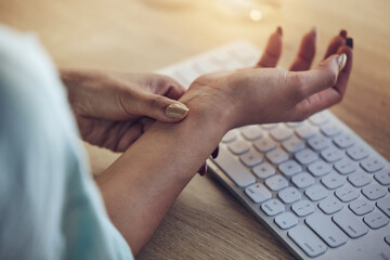 Wrist problem, computer keyboard or woman hands with carpal tunnel syndrome, osteoarthritis or...