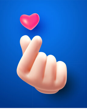 Vector illustration of male hand gesture sign i love you with red heart on blue color background. 3d vector mesh style emoji design of man white skin hand