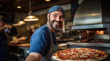 Male chef makes pizza in a restaurant.