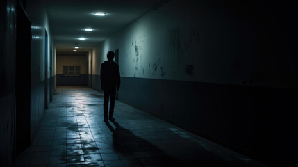 Fototapeta na wymiar Depressed man in a dark corridor of a building.