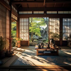 Fototapeta premium View from inside on Japanese Zen garden. Morning light in Japanese house. Japanese style interior design