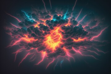 Bright explosion with smoke and lightning in neon lights , big, Classic Academia