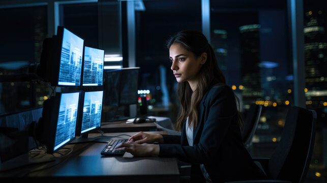 Young Woman Works In An Office At Night At Her Computer