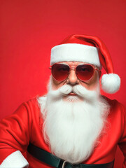 Portrait of Santa Claus wearing sunglasses on red background