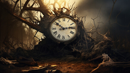An old clock covered by a large tree in a desolate forest.