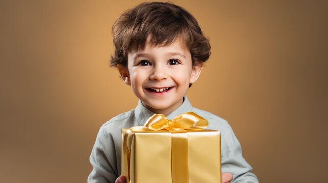 Happy smiling boy holding gift box on a colored background