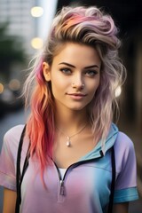 Photo of a woman with colorful hair posing in front of a vibrant urban backdrop created with Generative AI technology
