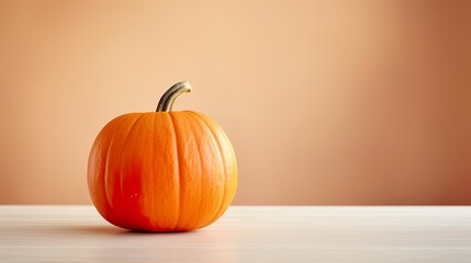 Autumnal pumpkin on a table, soft pastel background, banner, season card. Celebration of harvest, fall, halloween, thanksgiving. Minimalistic fresh pumpkin decoration. Isolated on light orange color.