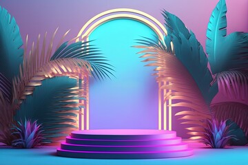 Empty Podium with Round Neon Frame on retro Background color with some leaves. vaporwave vibes  for your night party project design.