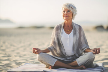 Fototapeta na wymiar Elegant senior woman practicing yoga on a tranquil beach, capturing the grace, serenity, and wellness of an active lifestyle. Generative Ai