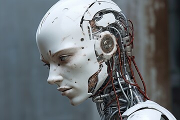 Fototapeta premium Mechanical portrait of a bionic woman with nanotech-enhanced features. Concept of advanced cyborg technology.