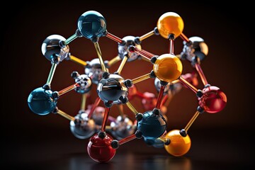 Organic molecule model with black mesh lines. Physics and chemical research concept.