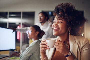 Coffee, office smile and business woman thinking in coworking company with work idea and relax. African female person and staff with drink and latte with creative work ideas and employee planning